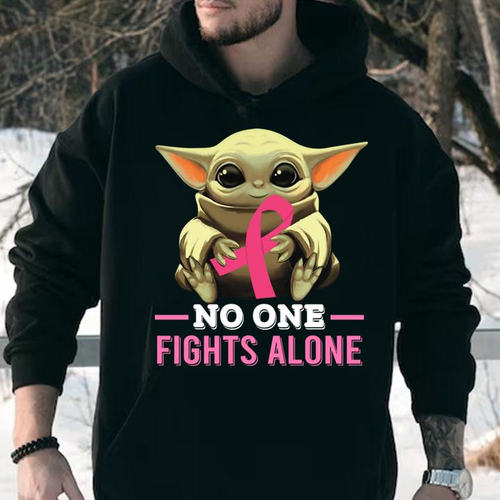 Star Wars Baby Yoda hold Breast cancer awareness pink no one fights alone t-shirt hoodie