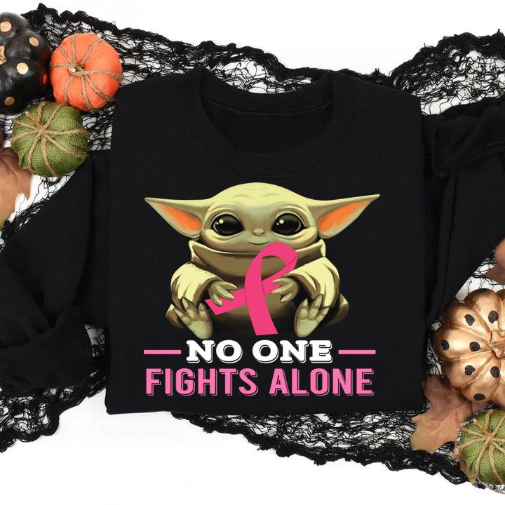 Star Wars Baby Yoda hold Breast cancer awareness pink no one fights alone t-shirt sweatshirt