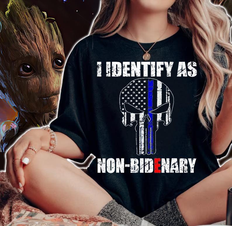 I Identify As Non Bidenary Skull Line Blue T-Shirt t-shirt